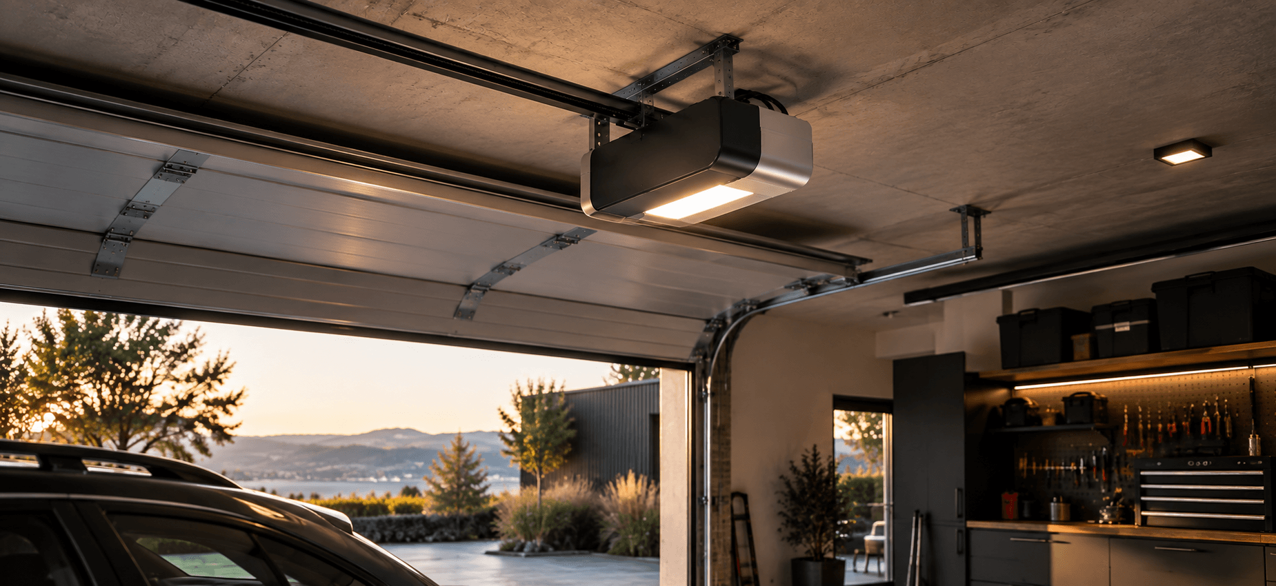 Ceiling-mounted smart opener with a built-in light above an open sectional garage door at sunset